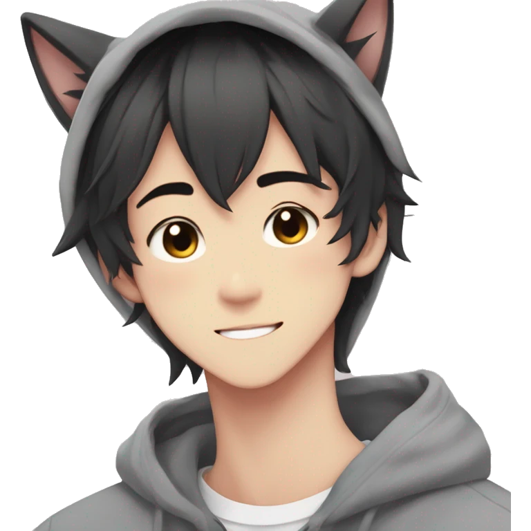 Gorgeous anime style Asian shojo guy with cat ears and blushing face and hoodie aesthetic trending style outside emoji