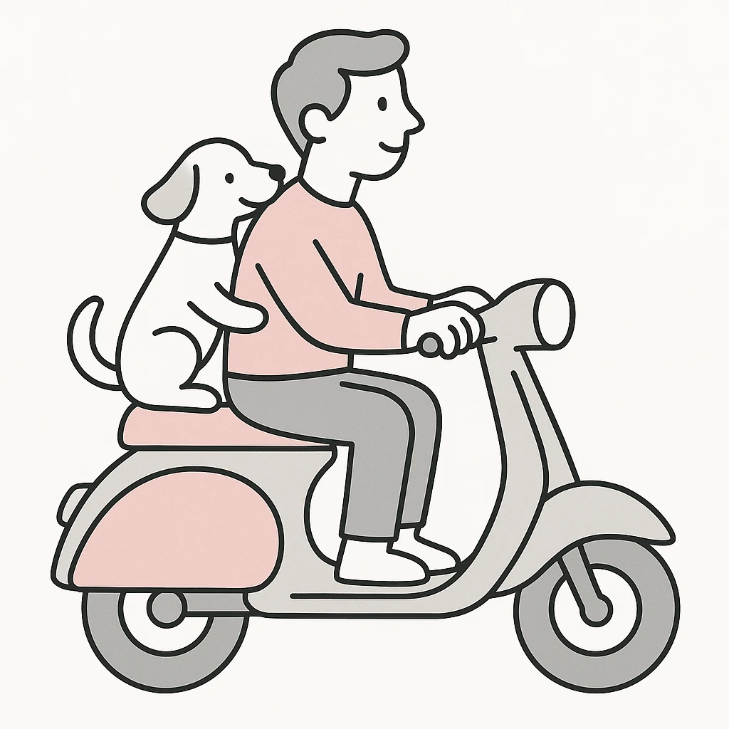 man and his pet dog riding a vespa emoji