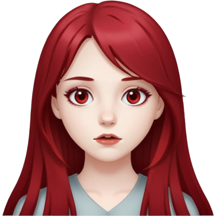 pale girl with deep red and long hair, having a long middle bang on her face, her eyes are greyish in colour emoji