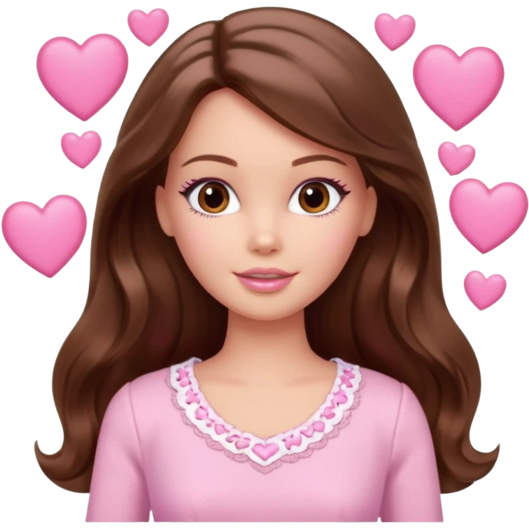 Barbie girl makeup , brown long straight wavy hair and brown eyes is In pale pink clothes There are pink hearts all around emoji