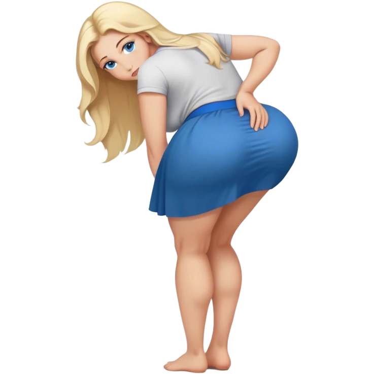 curvy blonde long hair and blue eyes, intimate bending over arched back sfw skirt pose emoji