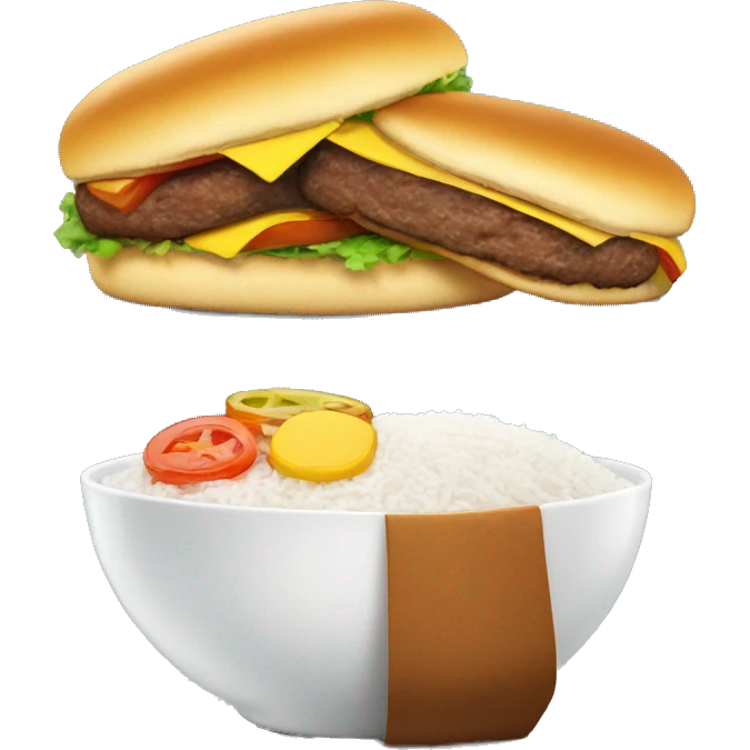Burger patty next to a bowl of white rice  emoji