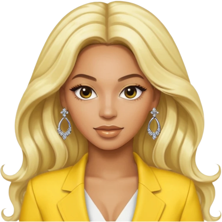 Beyonce with long platinum blonde hair, yellow outfit and earring emoji