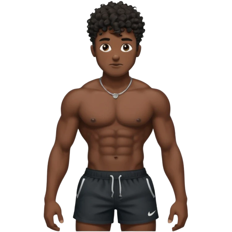 Ripped, athletic man with thick neck, high top fade with no part, curly hair only top only, no shirt and show waistline up, black shorts and more man face emoji
