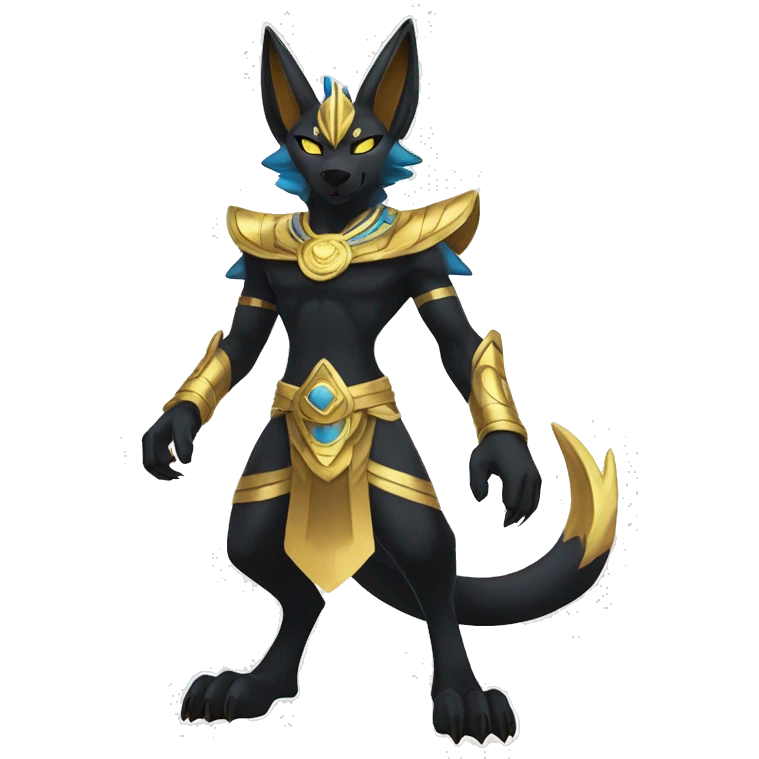 Black godly overpowered ethereal majestic Egyptian Lucario-Litten-Cat-Fakemon. Golden Anubis-Rings and yellow ring-markings. Full body emoji