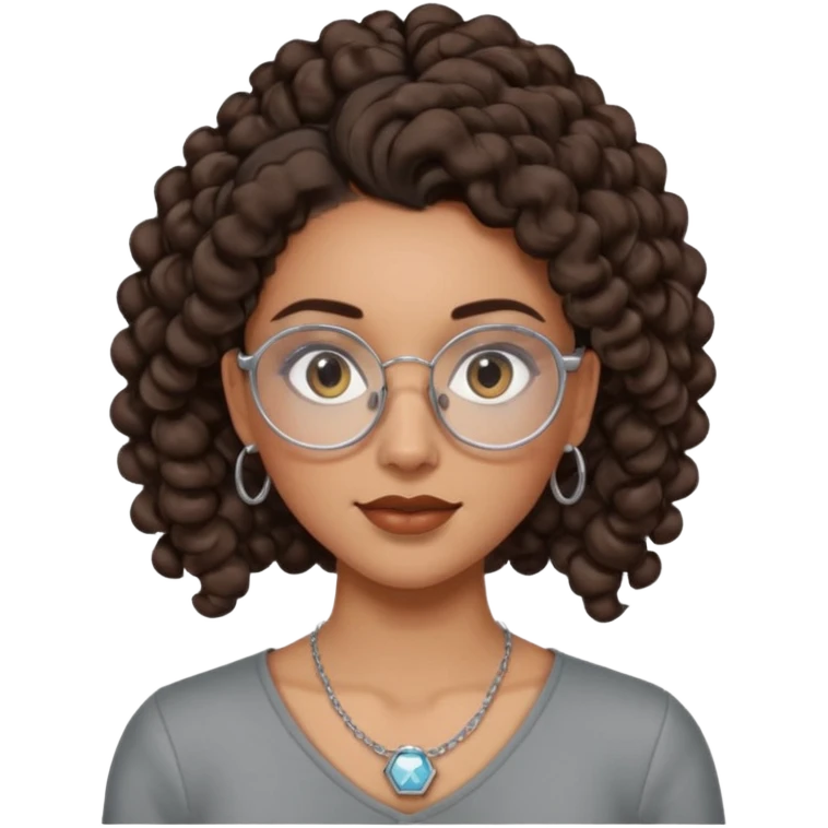 chica morena de ojos claros con gafas exagonales redondeadas. y pelo rizado castaño con todo el pelo recogido en una coleta . y un collar de plata emoji