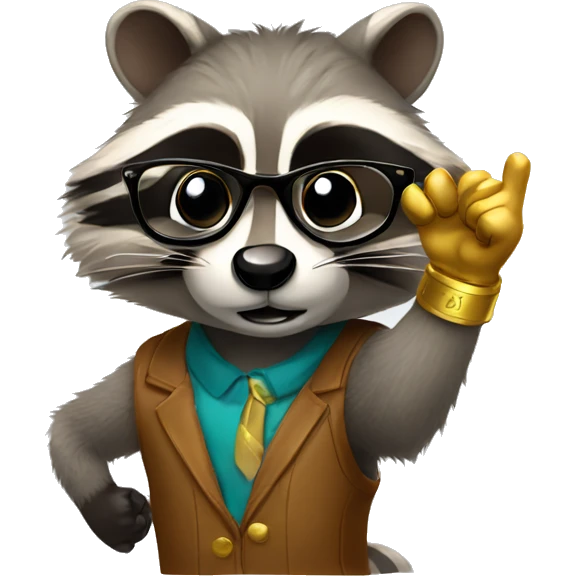 raccoon emoji style with glasses and pointing up with a golden hand emoji