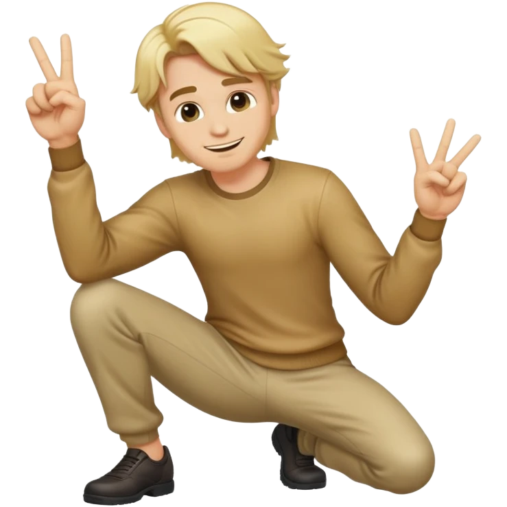 Full body emoji of a Blonde man with swooshing hair and no facial hair, crouching giving one peace sign while smirking emoji