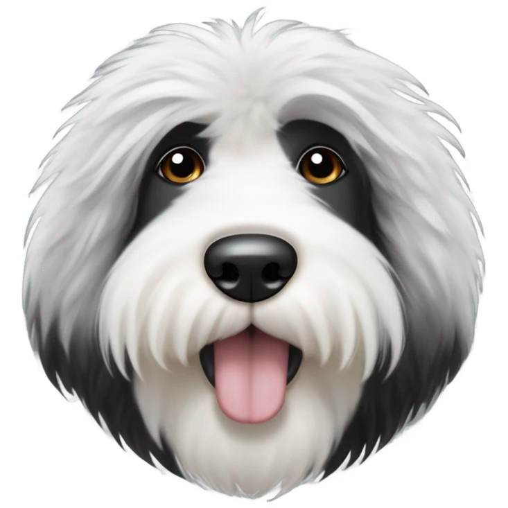 Fluffy Old English sheepdog face with the left half of his face white and the black half of his face black. White around the mouth and nose emoji