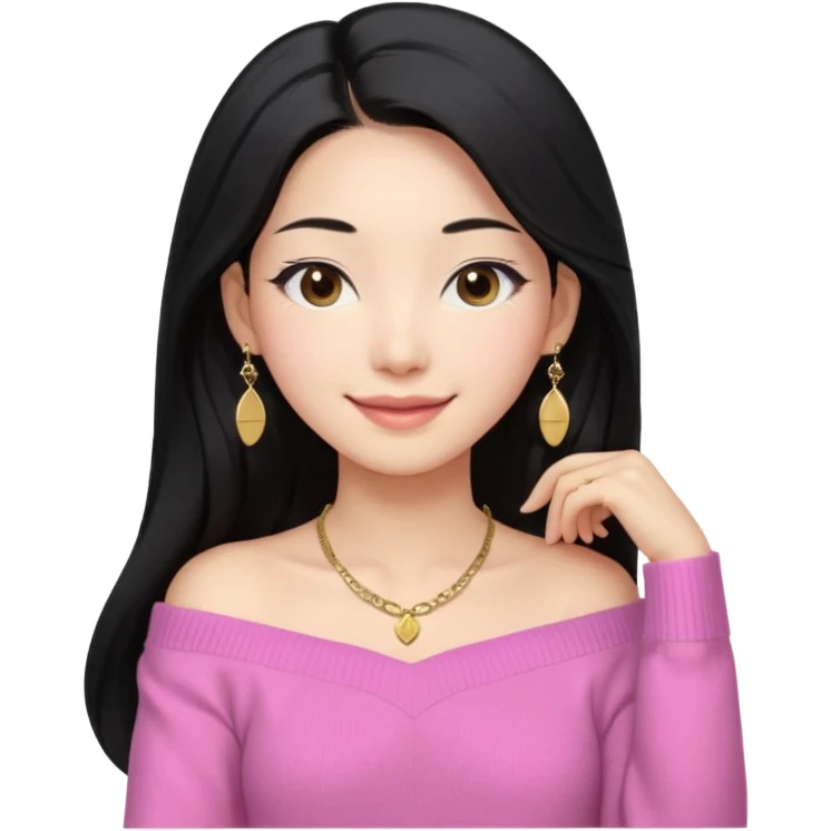 South Korean girl in her mid-thirties with long black hair parted in the middle. She is wearing a pink, off the shoulder long sleeve knit sweater, extra small gold earrings and a gold necklace. She has brown eyes with narrow, mono lid shape and smiling with lips together emoji