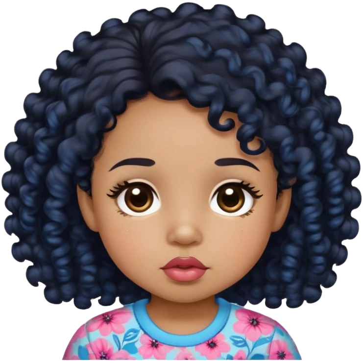 light brown skin tone, very adorable toddler, with big plump lips, long long lashes, black curly hair, middle hair parting, brown eyes, pink and blue floral shirt emoji