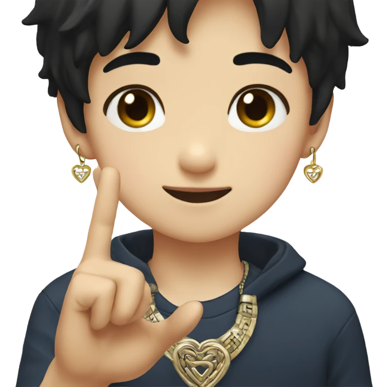 boy with black hair jewelry doing korean heart sign emoji