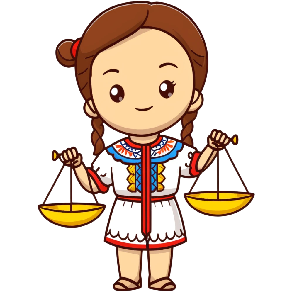 Ukrainian girl with brown hair wearing traditional embroidered shirt (vyshyvanka) holding scales of justice in her hand emoji