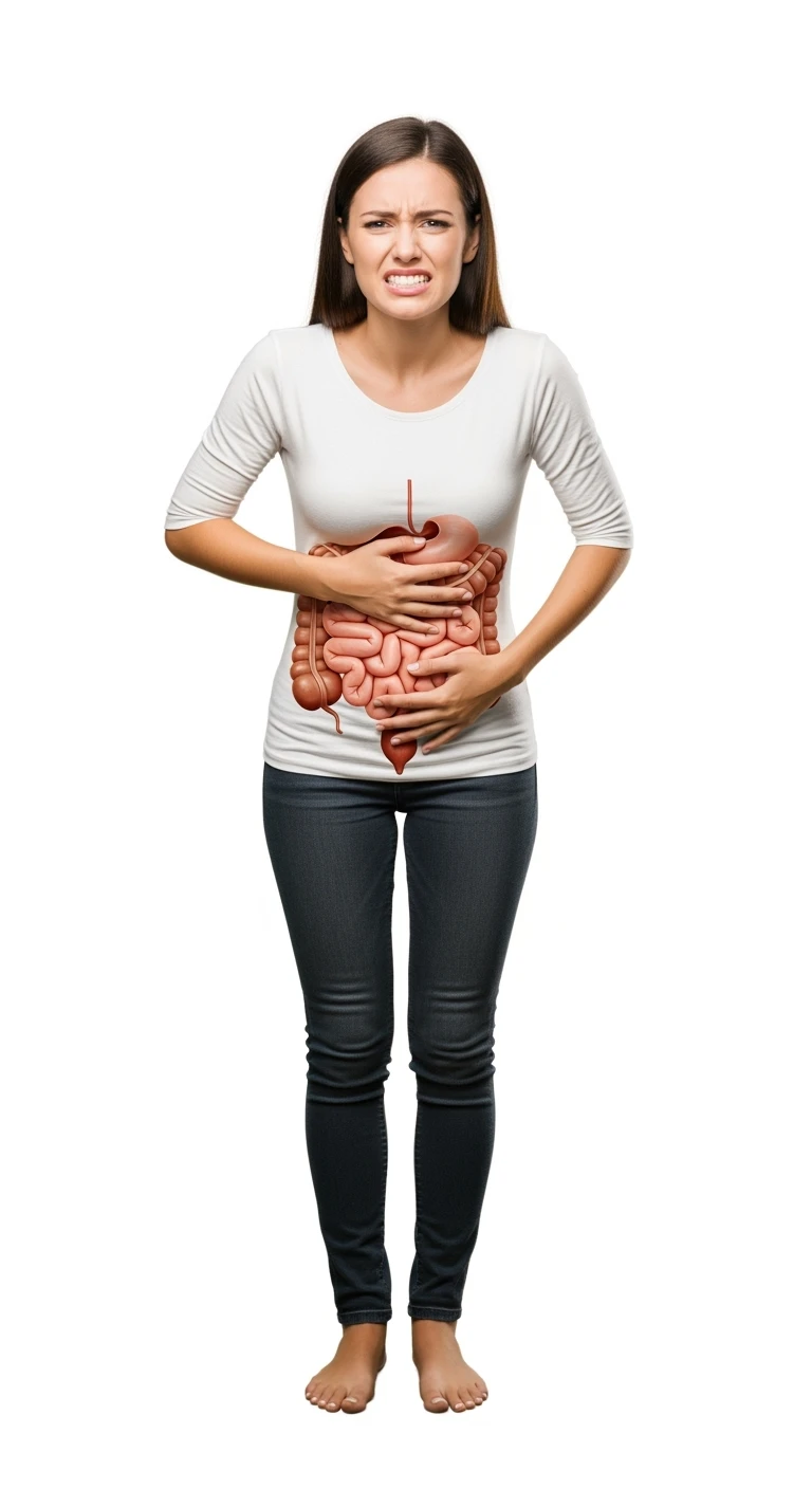 DONNA A FIGURA INTERA CON intestino ANATOMICO REALISTICO IN EVIDENZA, CON ESPRESSIONE DI DOLORE IN VOLTO PERCHé SOFFRE DI mal di pancia, SFONDO BIANCO emoji