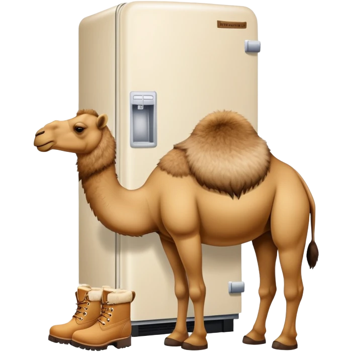 A white refrigerator with a camel head sticking out from the top and four camel legs with Timberland boots coming out from the bottom emoji