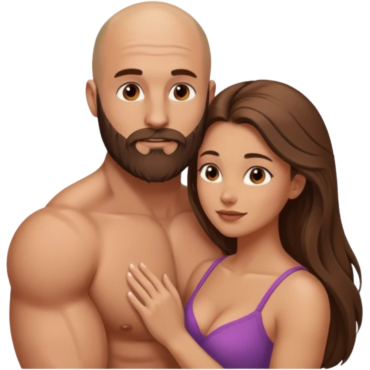 intimate moment between lovers muscular bald man brown beard, beautiful long hair woman emoji