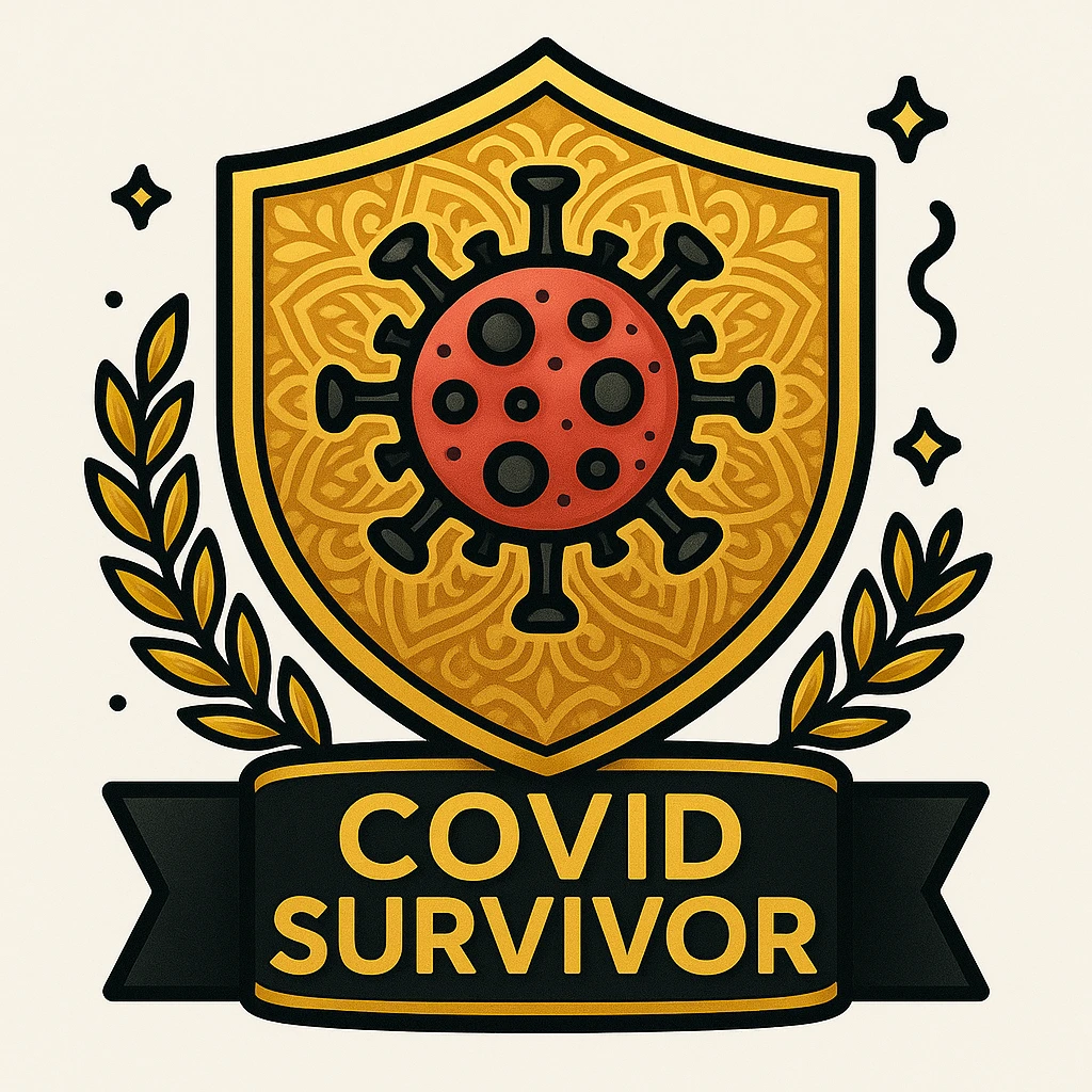 Make the badge more detailed: add intricate patterns to the shield, a more realistic virus symbol, subtle gradients, and a gold laurel wreath around the edge. Keep the celebratory style and 'COVID Survivor' text. emoji