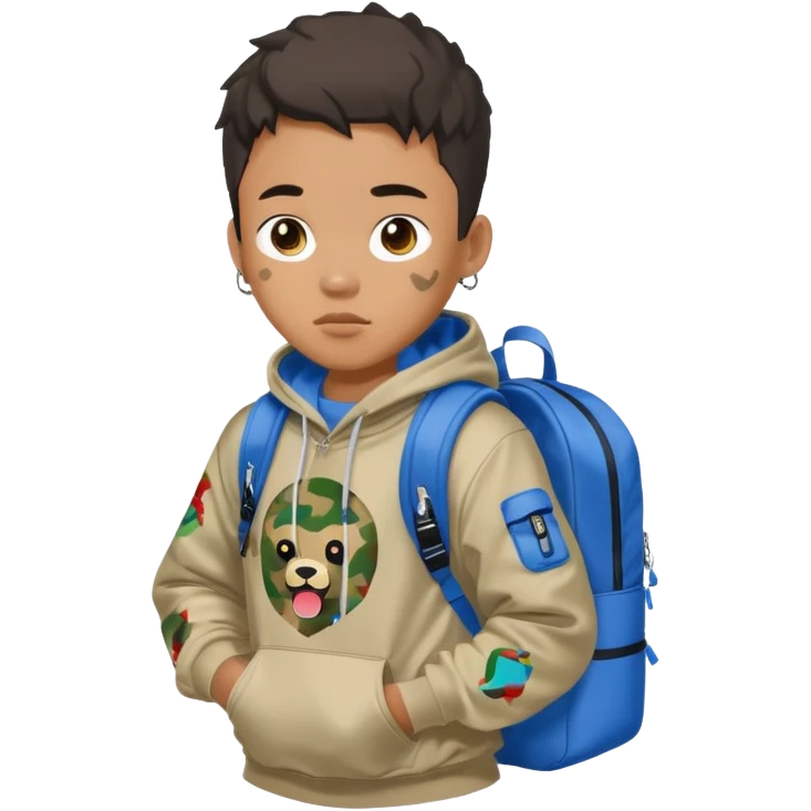 blasian teenager with bape hoodie and sprayground backpack emoji