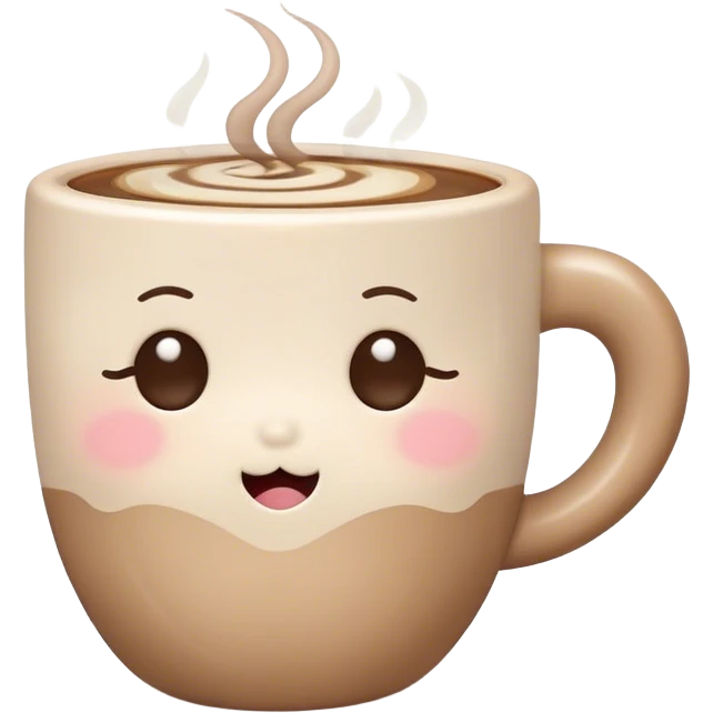 Cute Kawaii Coffee Cup, cozy and warm, a tiny swirl of steam shaped like a heart, round chubby face with a sleepy but content expression, soft pastel brown and cream colors, perfect morning vibes! emoji