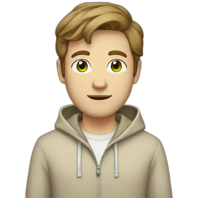 white guy in beige hoodie with brown hair and white shoes and  gray pants and green eyes standing emoji
