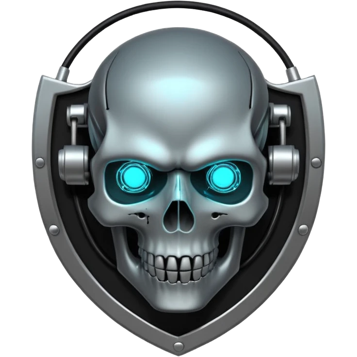 Cyberpunk shield, skull with cybernetic implants, glowing wires, dark electric silver and black tones, no background emoji
