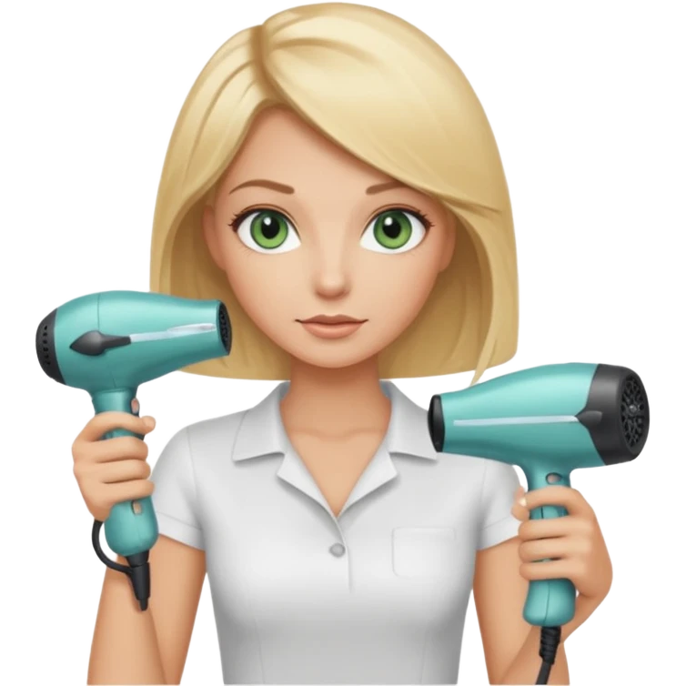 Blonde bob girl hair stylist with blue green eyes holding a hair dryer emoji
