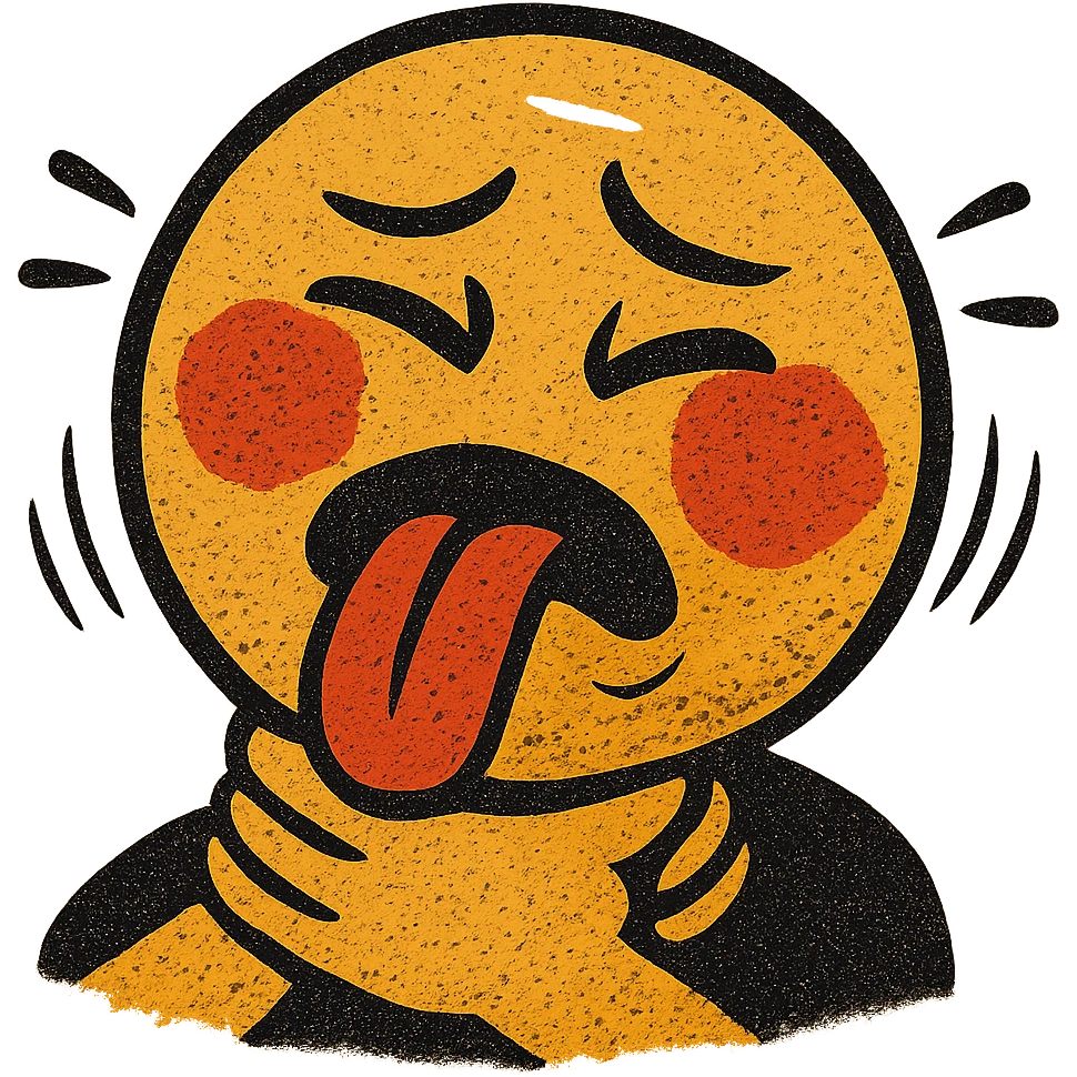 emoji face squeezing its own neck, red cheeks, tongue sticking out, comic style emoji