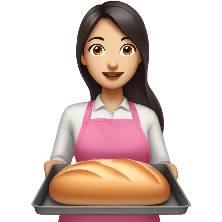 asian girl with long dark hair and brown eyes and big lips baking bread in a pink apron holding a bread pan emoji