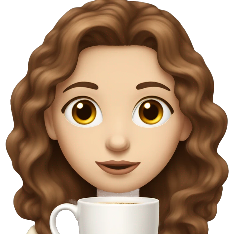 Chestnut brown haired wavy haired girl with hazel eyes and pale skin sipping coffee  emoji
