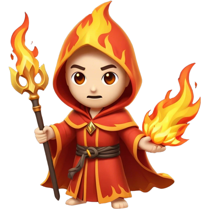 Clash of Clans aesthetic: Cinematic Ferocious Fire Mage Hero closeup Emoji, rendered in a 3D vector-style similar to standard emojis with minimal shading and bold, simplified shapes. A compact, isometric figure draped in flowing, charred and ember-lined robes, wielding a fiery staff crackling with intense flames. Eyes burning with an infernal glow, exuding raw, untamed power. Simplified yet unmistakably iconic, highly detailed and consistent, glowing with a fiery, molten radiance and high shine. Stylized with a touch of menacing sorcery and a searing, ember-infused outline, capturing the essence of a wrathful mage ready to unleash devastating fire magic! emoji