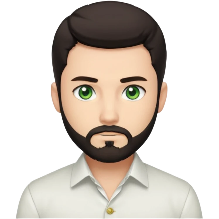 Man with a short full beard, Styled hair, Best looking man in the planet, onepiece style dark hair, green eyes, more anime style more maskulin. Wearing a white formal shirt, first buttons open macho style emoji