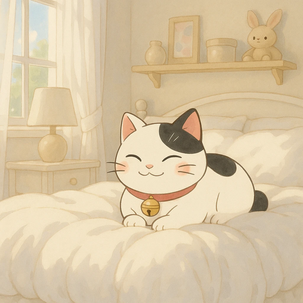White and black Chinese lucky cat in a cozy on a soft puffy white duvet covered bed in bright white and clean girl aesthetic bedroom, kawaii  emoji