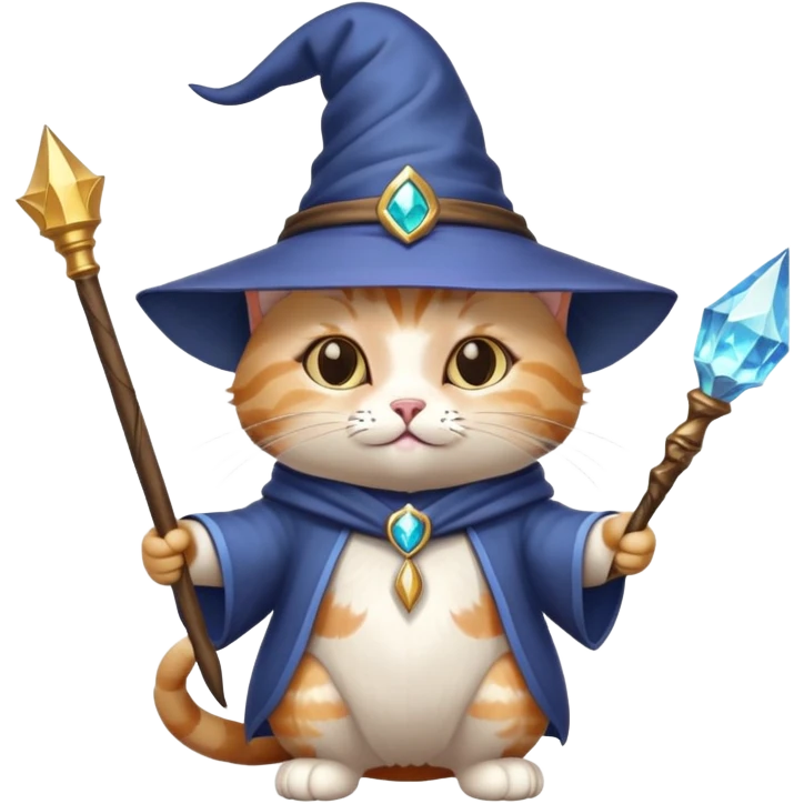cat wizard with a pointed hat and magic wand emoji