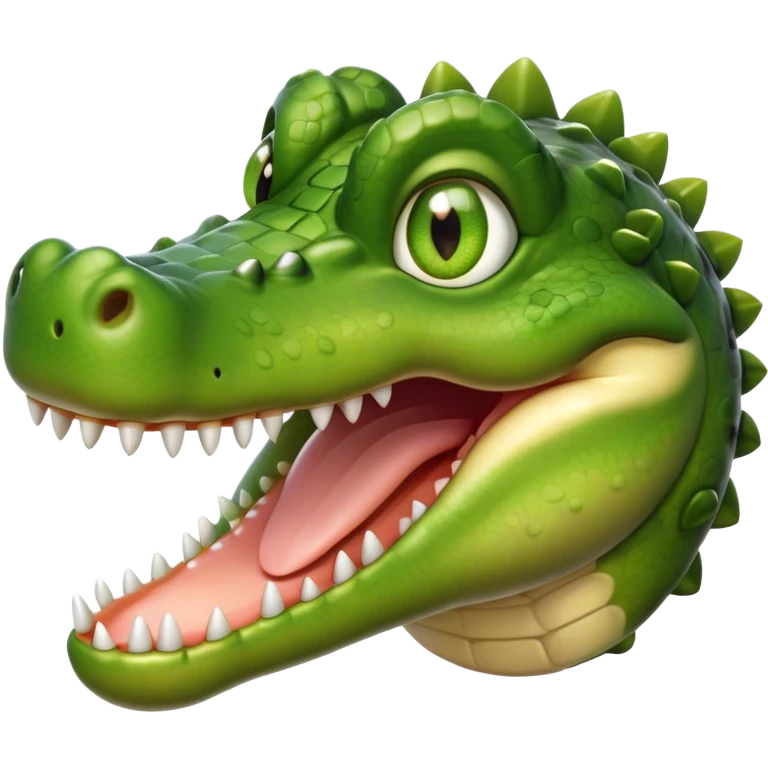 Cinematic Realistic Cute Crocodile Portrait Emoji, Head tilted playfully and inquisitively, featuring a robust, well-defined build with intricately detailed, glossy olive-green scales and a surprisingly endearing face with round, sparkling eyes full of unexpected charm, rendered with lifelike texture and natural highlights, high shine, affectionate and spirited, styled with a touch of wild whimsy, soft glowing outline, capturing the essence of a mischievous yet lovable crocodile that seems poised to snap playfully out of the screen into your arms! emoji