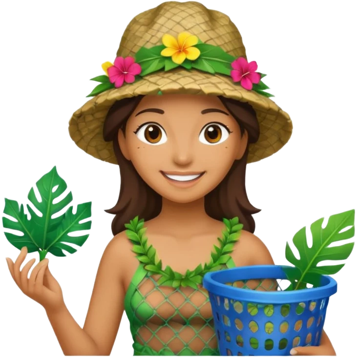 Hawaiian woman with leaf hat and big trash net and colorful cloth emoji