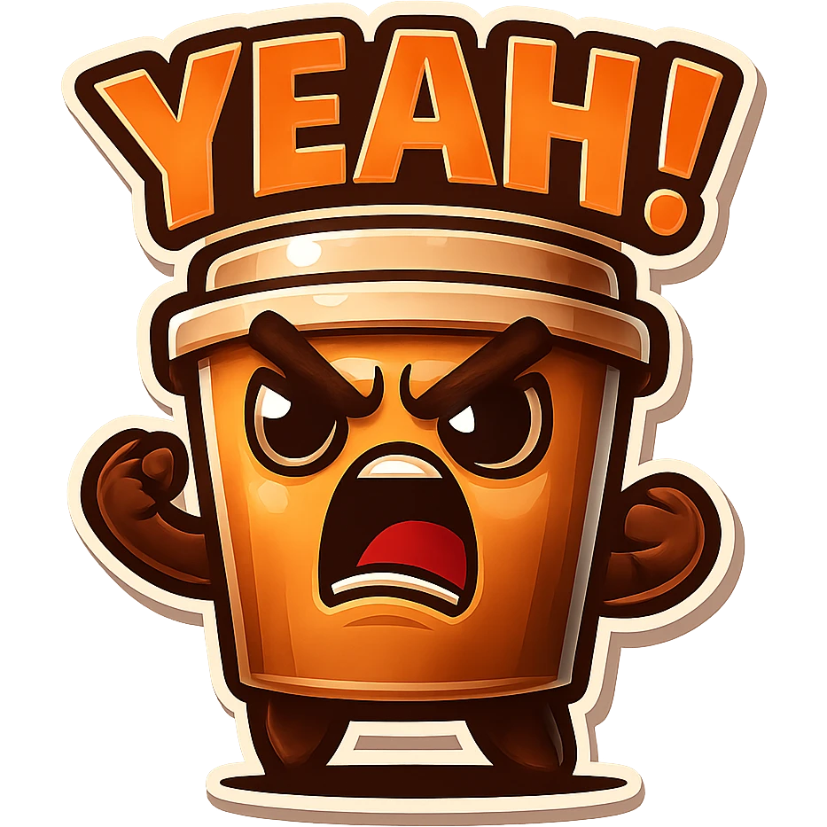 Tall coffee cup, eyebrow furrow, yelling "YEAH!" emoji