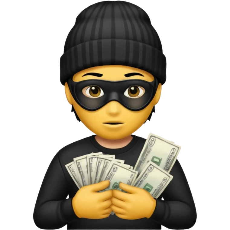 A yellow guy with a black beanie white shirt with black stripes a black mask for it's eyes and holding a money bag with yellow hair emoji