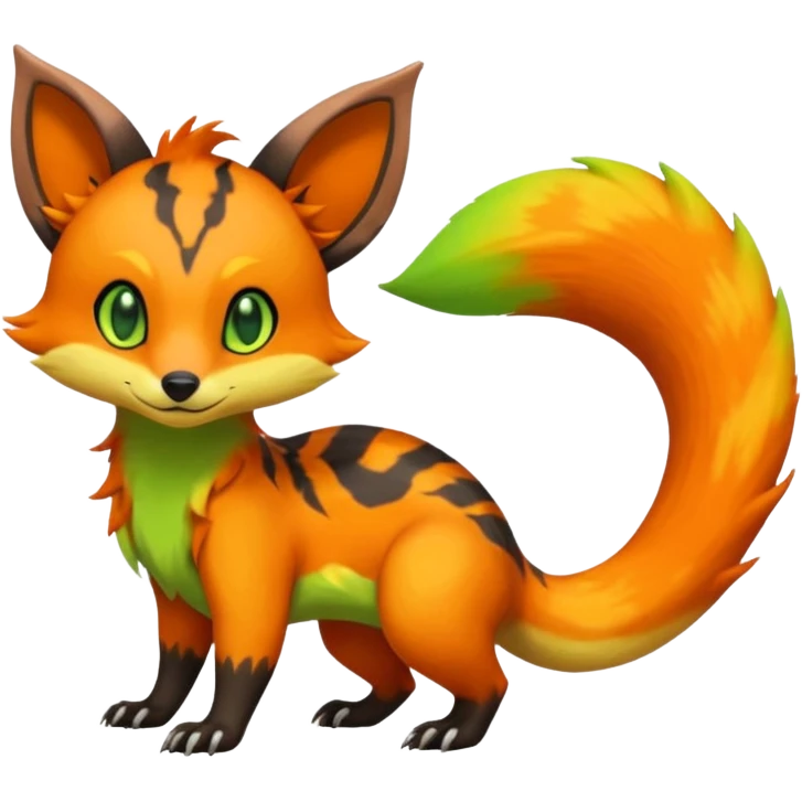 Rare tropical warm-colored exotic cute epic aesthetic colorful Salandit-Eevee-Civet-species-Fakemon-hybrid-creature, with wild fiery markings, full body emoji