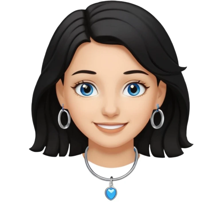 White Girl with black shoulder length hair slightly curly, has a tan, blue eyes, nose ring hoop emoji