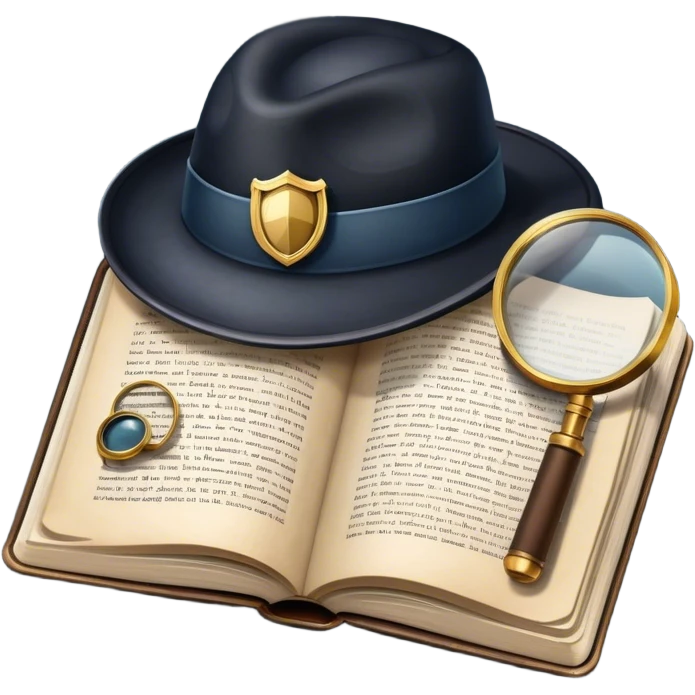 Icon for Detective Reading: an open book with text and a magnifying glass, a detective’s hat and a notebook with clues, surrounded by dark shadows and mysterious elements like footprints. Transparent background. emoji