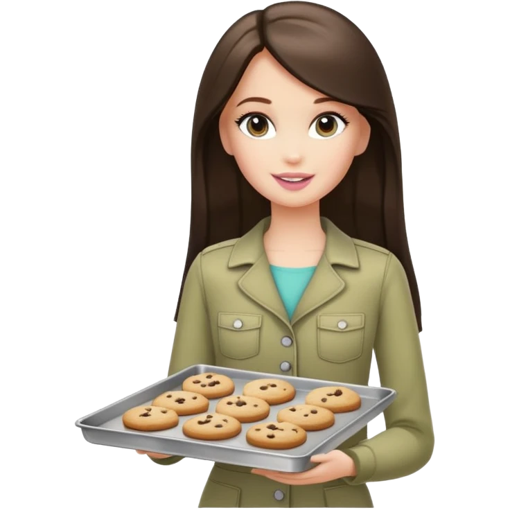 A white Barbie girl with long dark brown straight hair in a pale olive clothes holds a Baking tray with cookies emoji