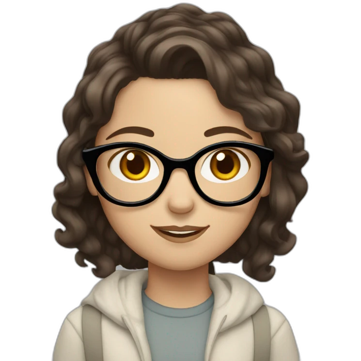 White Girl with wavy dark brown long hair, brown eyes and glasses emoji