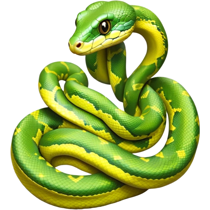 cinematic-green tree python-realistic-full-body-coiled-emoji,-thick-scaled-body-looped-tightly,-intricate-yellow and white-patterned-scales-reflecting-light,-head-tilted-dramatically,-cute-eyes-staring-calmly,-simplified-yet-realistic-focused-feature emoji
