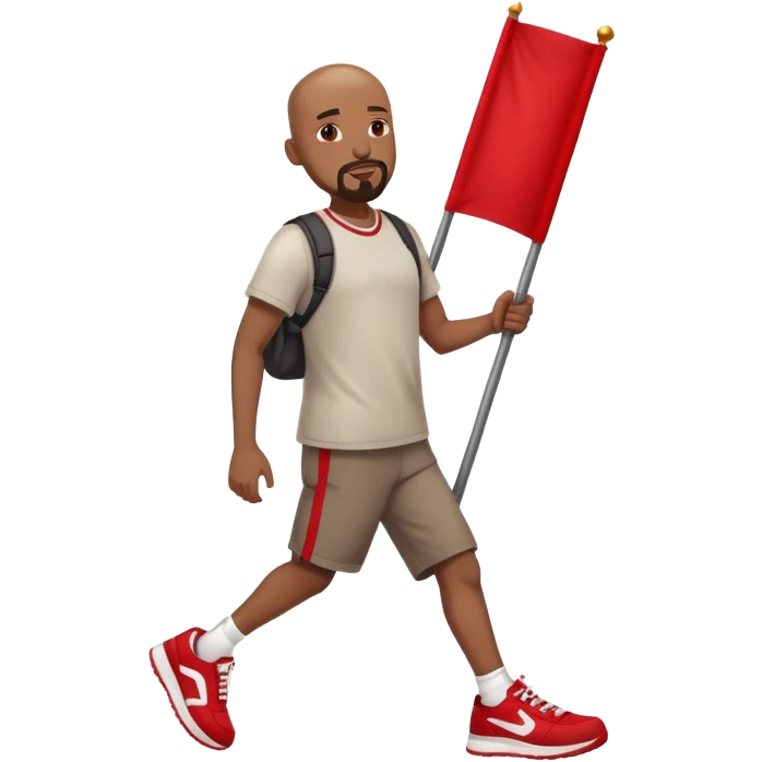 Bald black man with a white goatee in sneakers carrying a red flag emoji