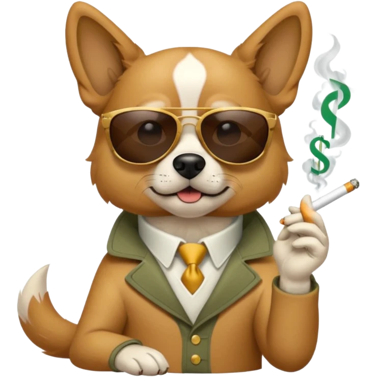 A dog with sunglasses is smoking a cigarette, dollars are flying at him. emoji