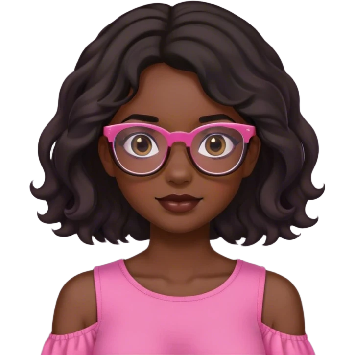 dark skinned girl wearing glasses with wavy black shoulder length hair and a pink top emoji