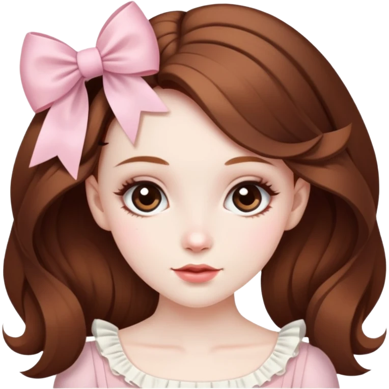 pale skin coquette girl with brown hair, bows, dainty, feminine emoji