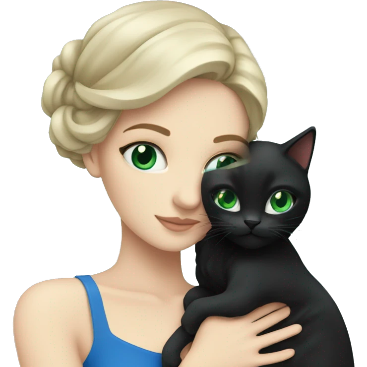 White brunette with blue eyes hugging black cat with green eyes emoji