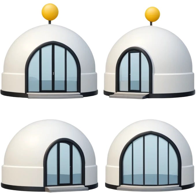 Two minimal dome houses, black steel frame structure, white fabric cover, simple geometric shape, modern, flat design, emoji style, clean outline, white background” emoji