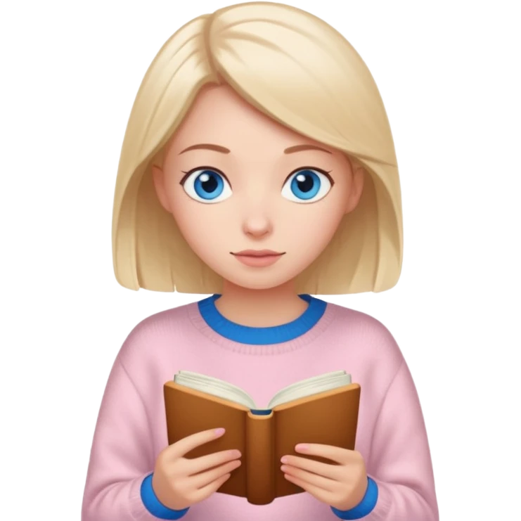Pretty blue eyed white girl with light pink sweater reading cozy emoji